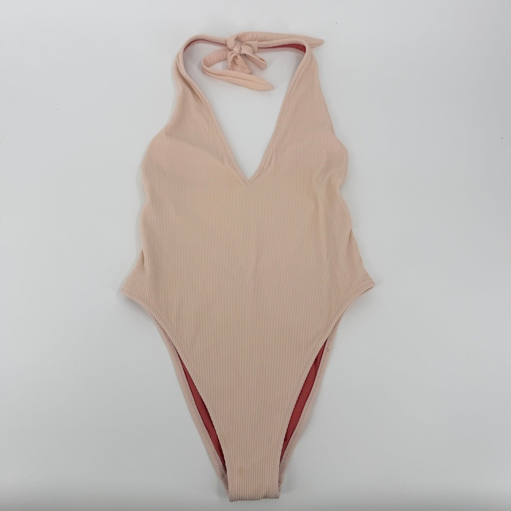 Aerie Ribbed One Piece Swimsuit Women Size Medium Peach Halter Neck V-Neck